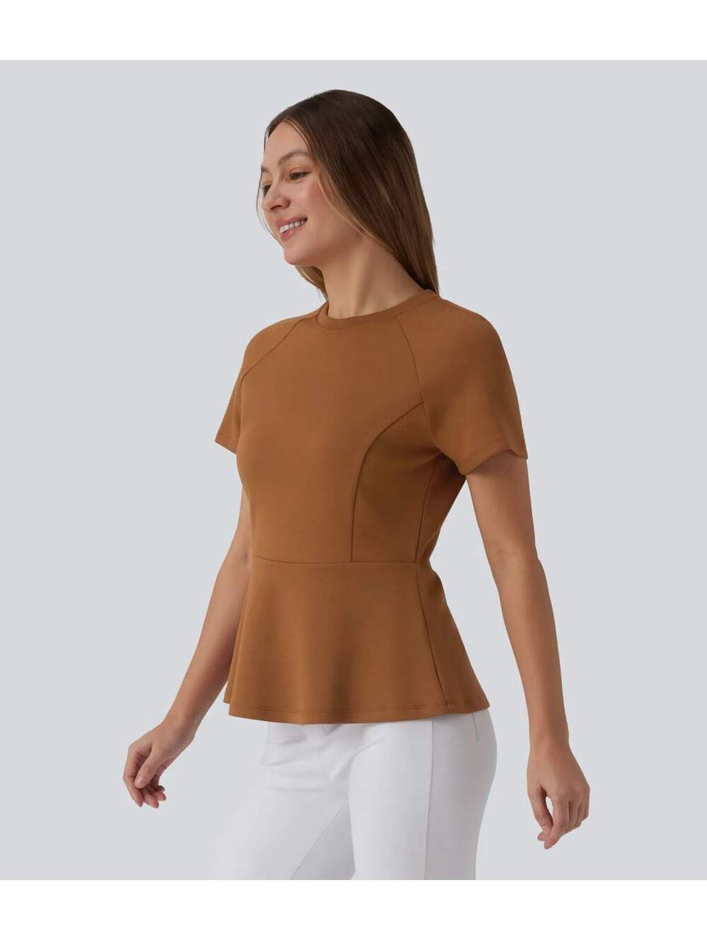 Halara Round Neck Short Sleeve Work Peplum Top Glazed Ginger Size XS - Picture 6 of 8